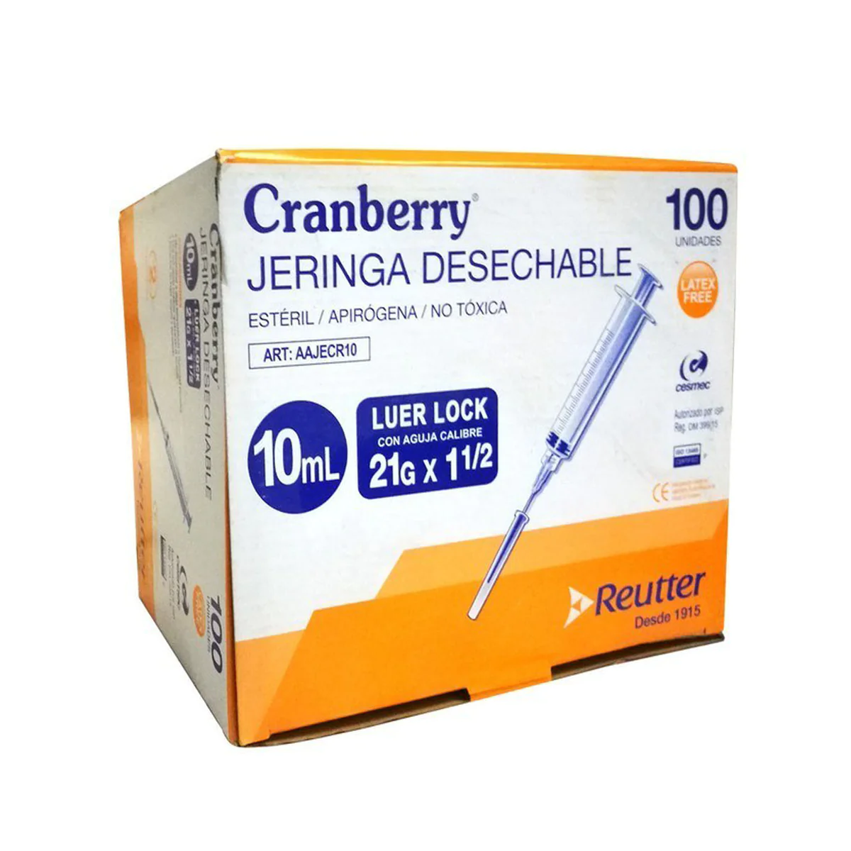 Jeringa 10ml Luer Lock con aguja 21G x 1 1/2 - Caja de 100 unidades