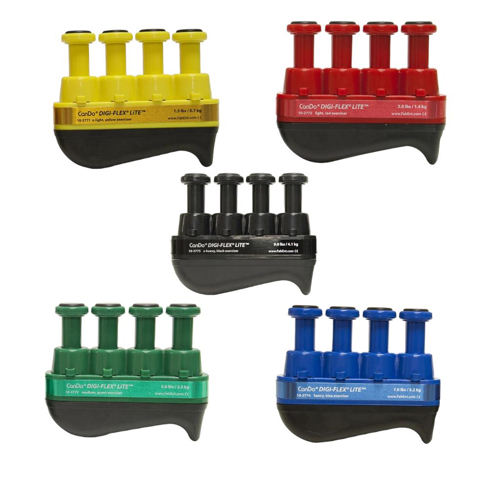 103797 Set de 5 ejercitadores de mano Digi-Flex Lite de CanDo® – Amarillo, Rojo, Verde, Azul, Negro