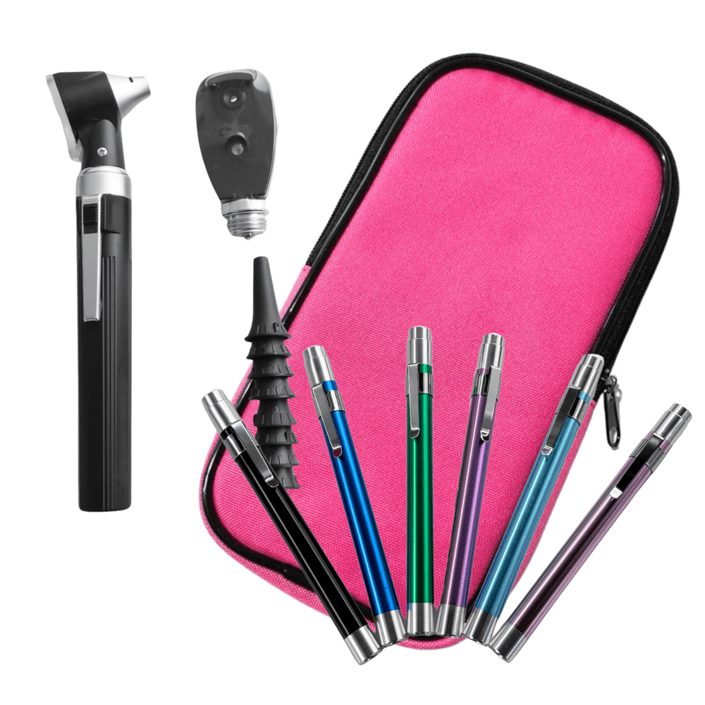 Pack: Set Otoscopio – Oftalmoscopio Luz Halógena + Estuche + Linternas Medicas de Aluminio